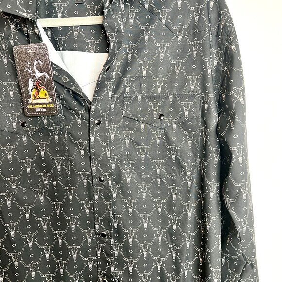 The American West Men's Black Snap Button Down Longhorn Novelty Print NWT L - Picture 3 of 5